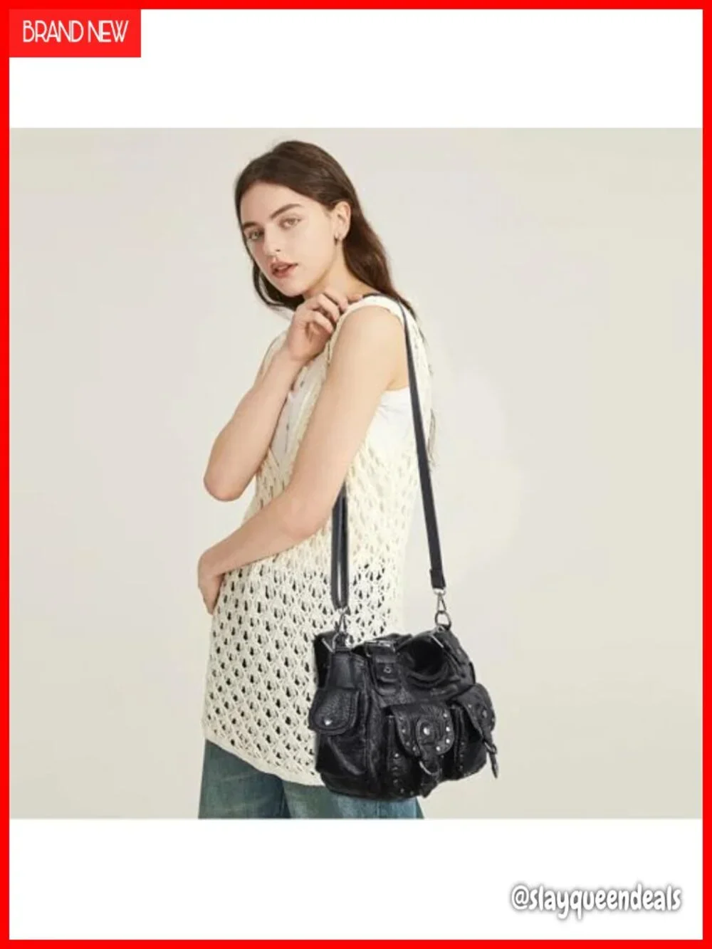 Y2K Hobo Bag Multi Pocket Studded Vegan Leather Shoulder Tote
